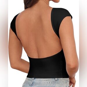 Women's Backless Crop Tops Y2K Open Back Short Sleeve T-Shirts Crewneck Large